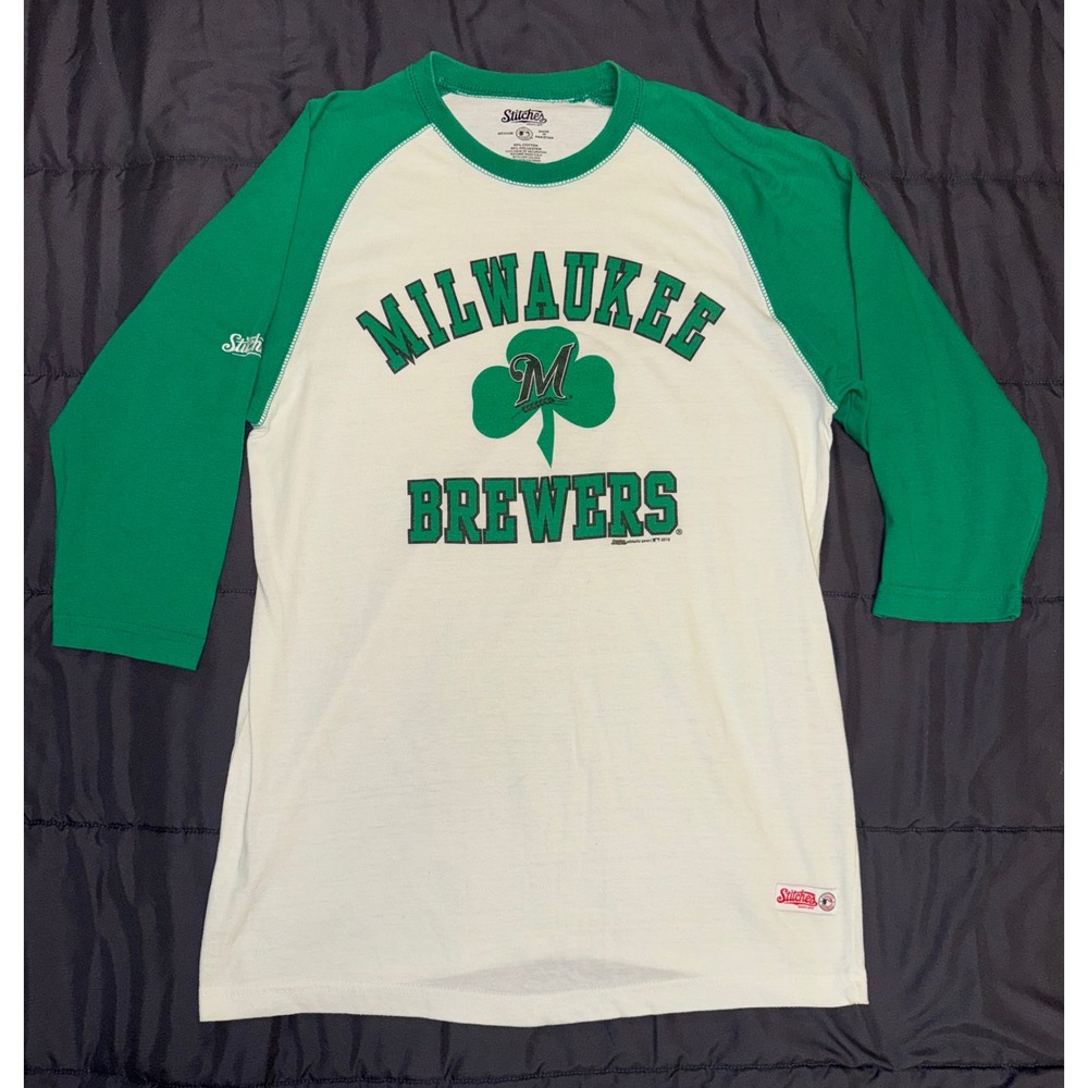 Stitches Milwaukee Brewers MLB Baseball Raglan Tee Green Cream Shamrock Mens M